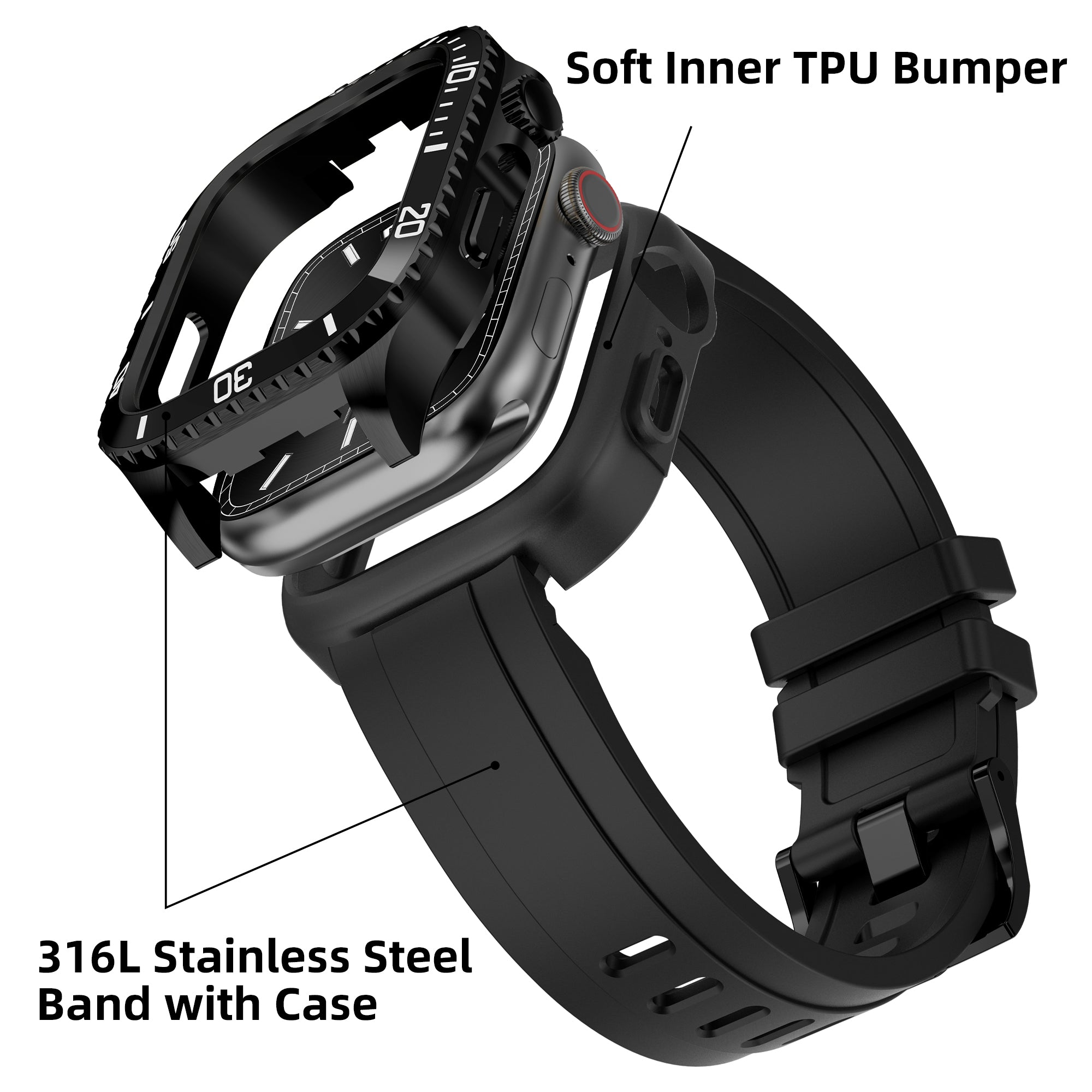 For Apple Watch Series 9 / 8 / 7 45mm TPU Replacement Strap with Stainless Steel Watch Case - Black For Apple Watch Series 9 / 8 / 7 45mm TPU Replacement Strap with Stainless Steel Watch Case - Black